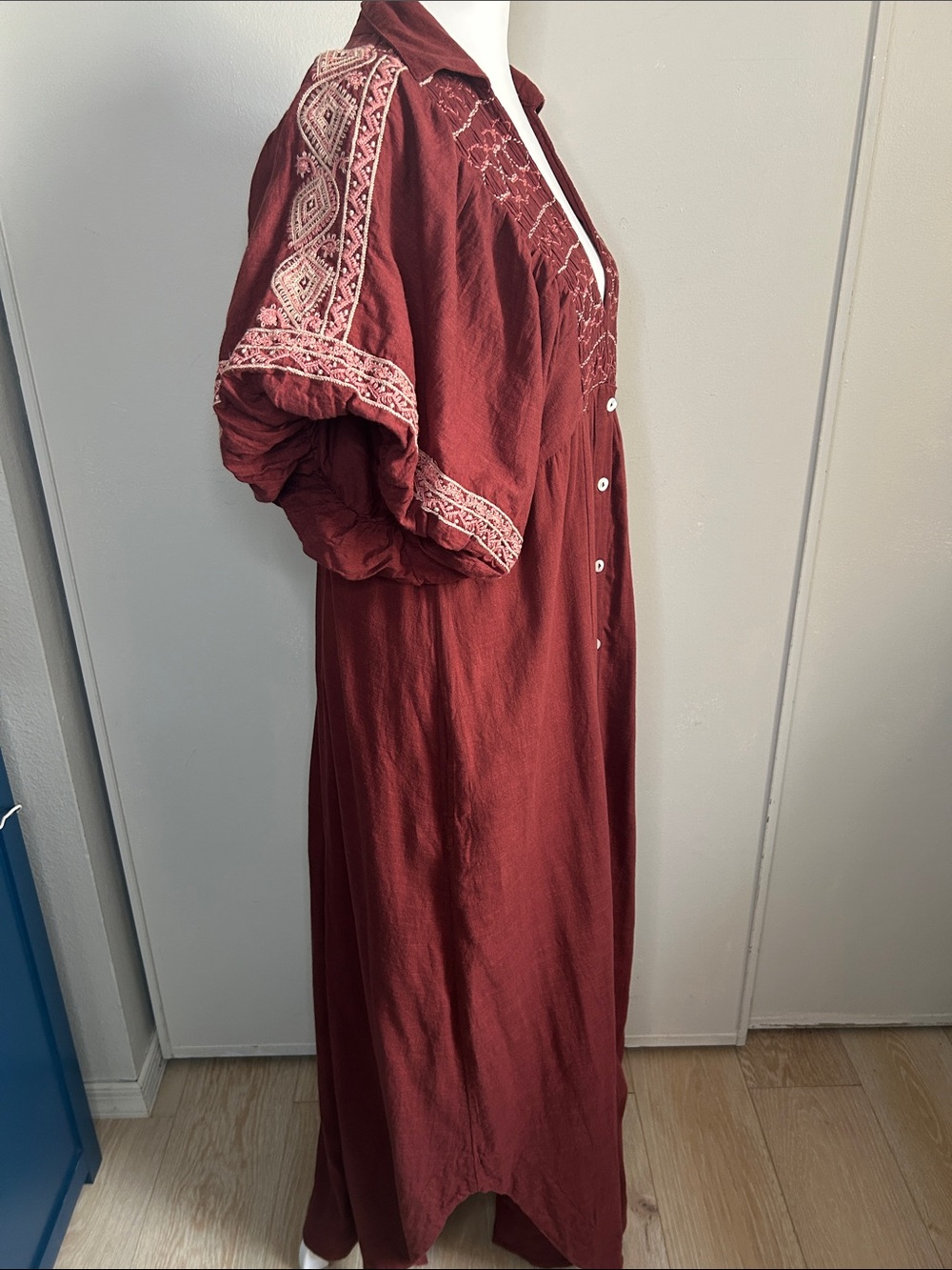 Free People Samantha Shirtdress"Double Dare" Red Intricate Shoulder Embroidery - Picture 6 of 13